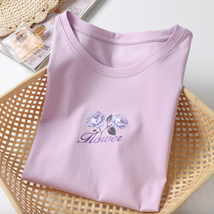 欧货 简单时尚短款上衣女薄款双面丝光棉字母印花紫色短袖T恤女夏