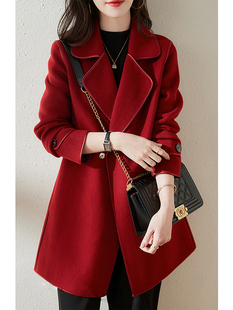 红色双面羊绒大衣女2022秋冬季系带加厚毛呢通勤外套宽松韩系