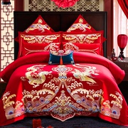 全棉婚庆四件套新婚龙凤，刺绣纯棉大红色，陪嫁高端中式结婚床上用品