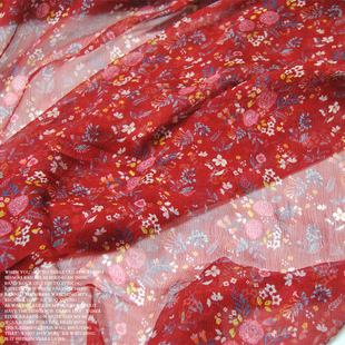 红色小碎花 真丝顺纡纱 褶皱 100%桑蚕丝服装布料面料