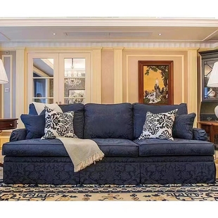 美式伊森艾伦查德沙发实木框架，进口布艺三人，位沙发蓝进口提花面料