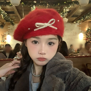 小红帽~新年红色兔毛贝雷帽子女秋冬季网红文艺时尚画家帽显脸小