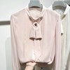 2024新款气质立领系带蕾丝拼接竖条长袖雪纺衫女春季薄款上衣