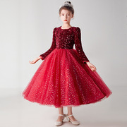 女童长袖棉里亮片公主裙裙长款礼服晚宴网纱蓬蓬，红色b类连衣裙