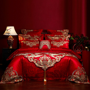 高端婚庆四件套大红刺绣长绒棉，结婚中式婚房床上用品全棉被套龙凤