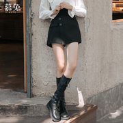 慕兔不规则设计感黑色休闲短裤女2021秋季高腰小众阔腿西装裤