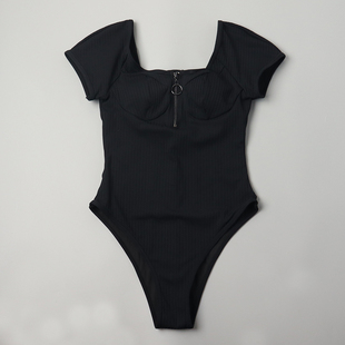 8818外贸折扣条纹女士连体泳衣短袖带拉链游泳衣时尚经典黑色泳装