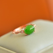 s925银镶和田碧玉蛋面戒指翠绿色宝石戒指女款时尚个性戒指饰品
