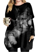 外贸大码女装圆领黑色中长款猫咪cat印花套头宽松长袖T恤潮shirt