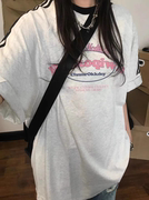 纯棉短袖T恤女白灰色显白字母印花条纹设计感夏季韩版打底衫