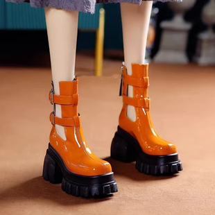 品牌鞋设计感罗马凉鞋女2024春夏皮带扣粗跟高跟漆皮镂空凉靴