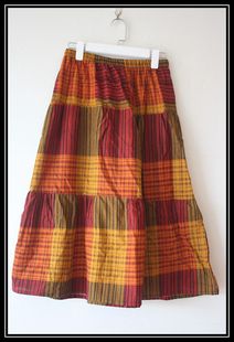 秋季原创民族风亚麻裙，棉麻松紧腰长裙，复古拼接款黄格子半身裙