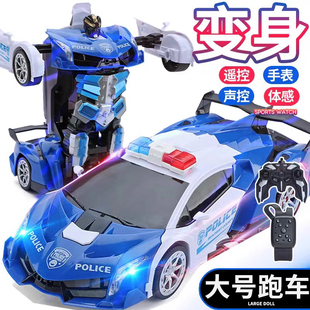 儿童警车电动六一玩具遥控变形身男孩小汽车机器人金刚大号警察车