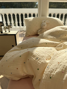 皱皱双层纱彩色波点床上四件套，1.5m1.8米少女心，纯棉被套床单舒适
