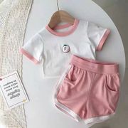 女童纯棉白色水蜜桃印花短袖短裤两件套洋气休闲运动宝宝夏季套装