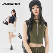 lacrawfish美式复古辣妹运动风，赛车立领双开拉链，拼色无袖t恤上衣