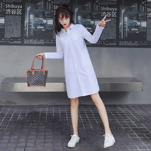 白色衬衣女2023春秋学生韩版宽松中长款长袖，衬衫连衣裙外套