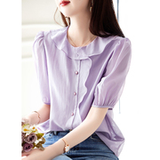 德玛纳紫色衬衫上衣女短袖泡泡袖甜美法式独特别致娃娃领2023