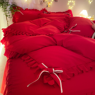 婚庆四件套结婚红色婚房喜被床单被套婚嫁婚礼欧式大红色床上用品