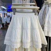 白色棉质提花刺绣蓬蓬半身裙春夏，气质镂空蕾丝，花边伞裙a字短裙裤