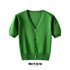 绿色针织短袖女夏季薄款v领修身小外套搭配吊带，裙子短款开衫上衣
