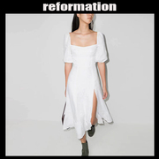 reforma tio法式复古白色棉麻，方领连衣裙子女气质泡泡短袖茶歇裙