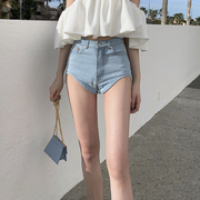 浅色牛仔短裤女夏季设计感修身纯色水洗，高腰a字网红超短热裤