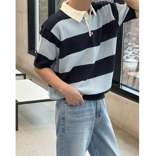 MRDONG韩国男装轻熟风撞色翻领半系扣宽条纹针织POLO短袖T恤