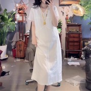 白色苎麻连衣裙女2025夏季新款纯色简约大气法式慵懒感宽松A字裙