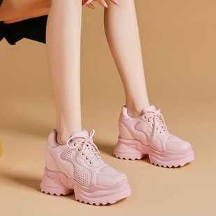 粉色老爹鞋女款10cm内增高鞋小个子厚底松糕鞋真皮高跟运动女鞋子