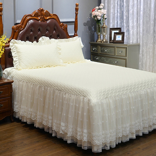 好梦连连轻奢床单床裙纯棉，床罩白色蕾丝，欧式夹棉全棉四季通用床盖