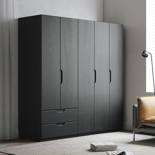 全实木橡木衣柜北欧复古黑色卧室家用小户型，成人衣橱侘寂风储物柜
