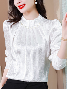 高端醋酸缎面衬衫女2024春季设计感长袖上衣时尚气质白色小衫