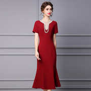 枝荔酒红色连衣裙正式场合钉珠，修身长款荷叶边裙子2024年夏装