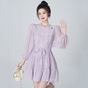 美丽衣橱紫色连衣裙秋装女2023年小个子短款收腰显瘦公主裙子