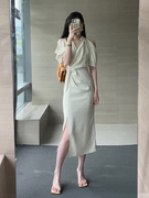 白色露肩连衣裙夏季女装2023高级感惊艳气质，绝美长款裙子休闲