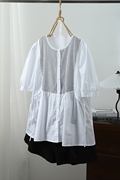 琴川谷夏款条纹拼接纯棉短袖衬衫，宽松女式系带娃娃衫圆领白色小衫