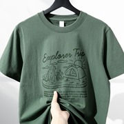 美式复古绿色纯棉短袖，t恤女夏季潮vintage设计感宽松半袖上衣