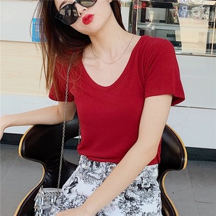 韩国东大门夏季显白酒红色气质性感修身简约V领短袖T恤女上衣