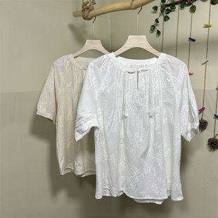 夏季新中式衬衫女装宽松甜美短袖刺绣高端白色杏色森系女装