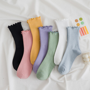 坚果妈咪木耳边糖果色袜子女，ins潮纯色堆堆，袜韩国日系彩色中筒袜
