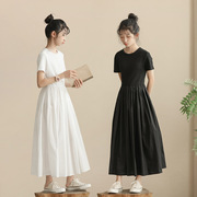 女童气质长款连衣裙，夏季韩版中大童亲子装，赫本风拼接短袖少女裙子