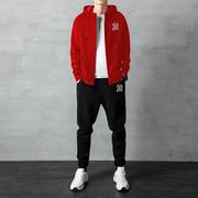 男士秋冬季加绒休闲套装加厚卫衣运动服连帽宽松潮流纯棉卫裤男潮
