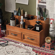 复古风木制带抽屉化妆护肤品寝室桌面收纳盒，桌上置物架防尘小柜子