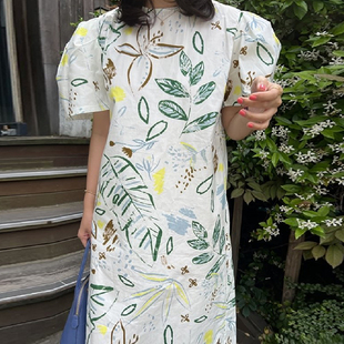 法式甜美田园风植物花卉连衣裙女夏季气质个性宽松休闲泡泡袖长裙