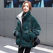 时尚亮面羽绒棉服女中长版2023冬季韩版宽松立领加厚外套