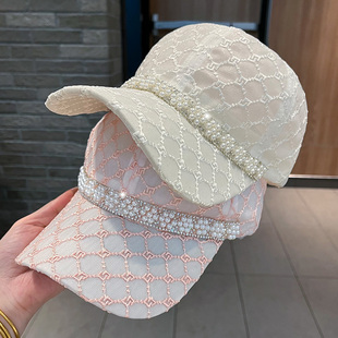 夏季女士棒球帽子时尚薄款珍珠镂空网纱鸭舌帽，软顶透气遮阳帽女