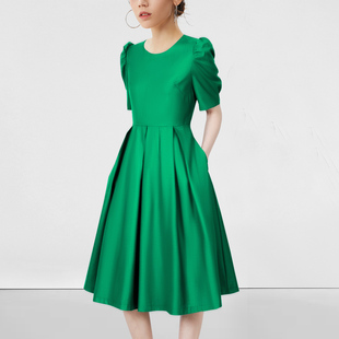 绿色时尚气质淑女短袖连衣裙2023年夏季温柔中长款显瘦裙子
