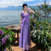 春夏海边旅游度假吊带连衣裙超仙女，设计感修身显瘦优雅紫色长裙子
