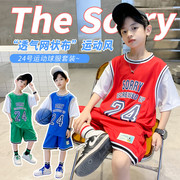 男童篮球服假两件儿童运动套装，男孩24号湖人科比，速干球衣夏季短袖